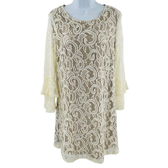 Tacera Cream Lace Overlay Sheer Bell Sleeve Cocktail Party Shift Dress S - Picture 2 of 14